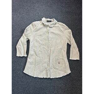 Cop Copine Pearl Snap Linen Blend Shirt Beige Womens Small Raw Fringe 3/4 Sleeve